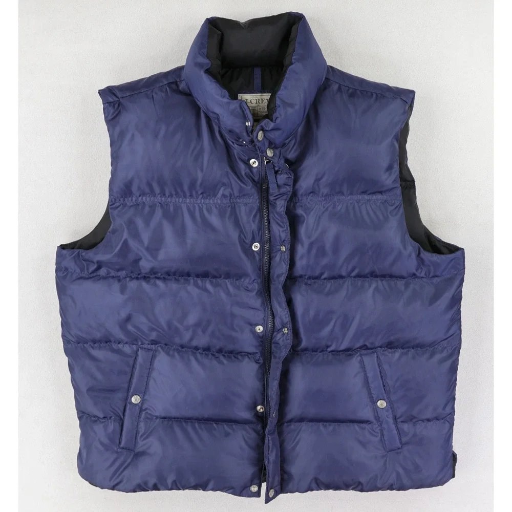 J. CREW Goose Down Puffer Vest Full Zip Snap Front Men's XL Blue Outdoor Winter